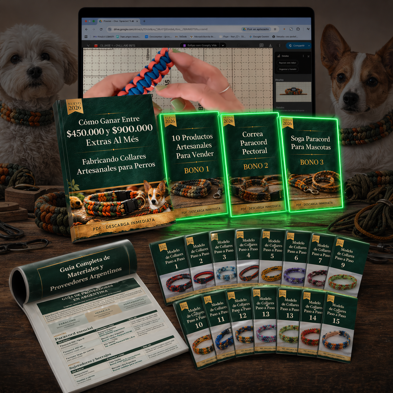 Collares Artesanales para Perros🐾 — VideoTutoriales + 15 Modelos PDF + Guía de Proveedores + 3 Bonus de Regalo